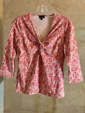 Talbots Pink and Cream Medallion Knot-Front V-Neck Top